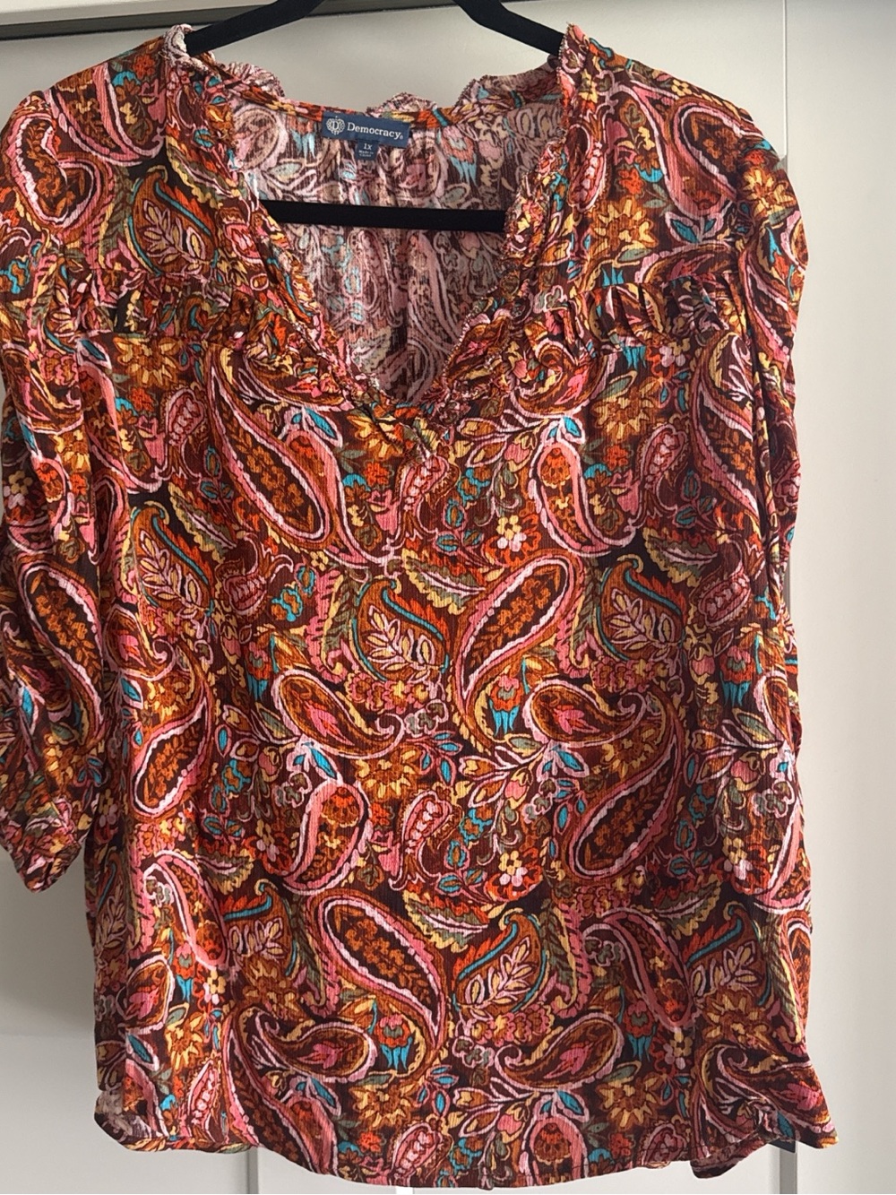 NWT Democracy Ruffled V-Neck Paisley Blouse in Rust, Pink & Teal